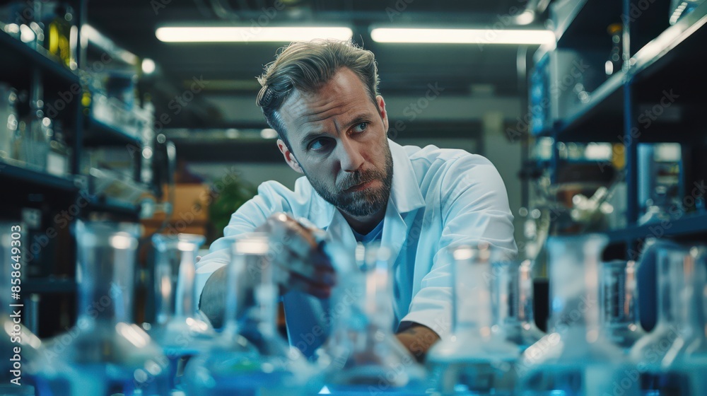 A man in a white lab coat is looking at a row of blue glass beakers A man in a white lab coat is looking at a row of blue glass beakers