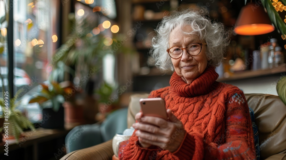 Tech-Savvy Senior: Woman Using Smartphone in Co-Working Space Tech-Savvy Senior: Woman Using Smartphone in Co-Working Space