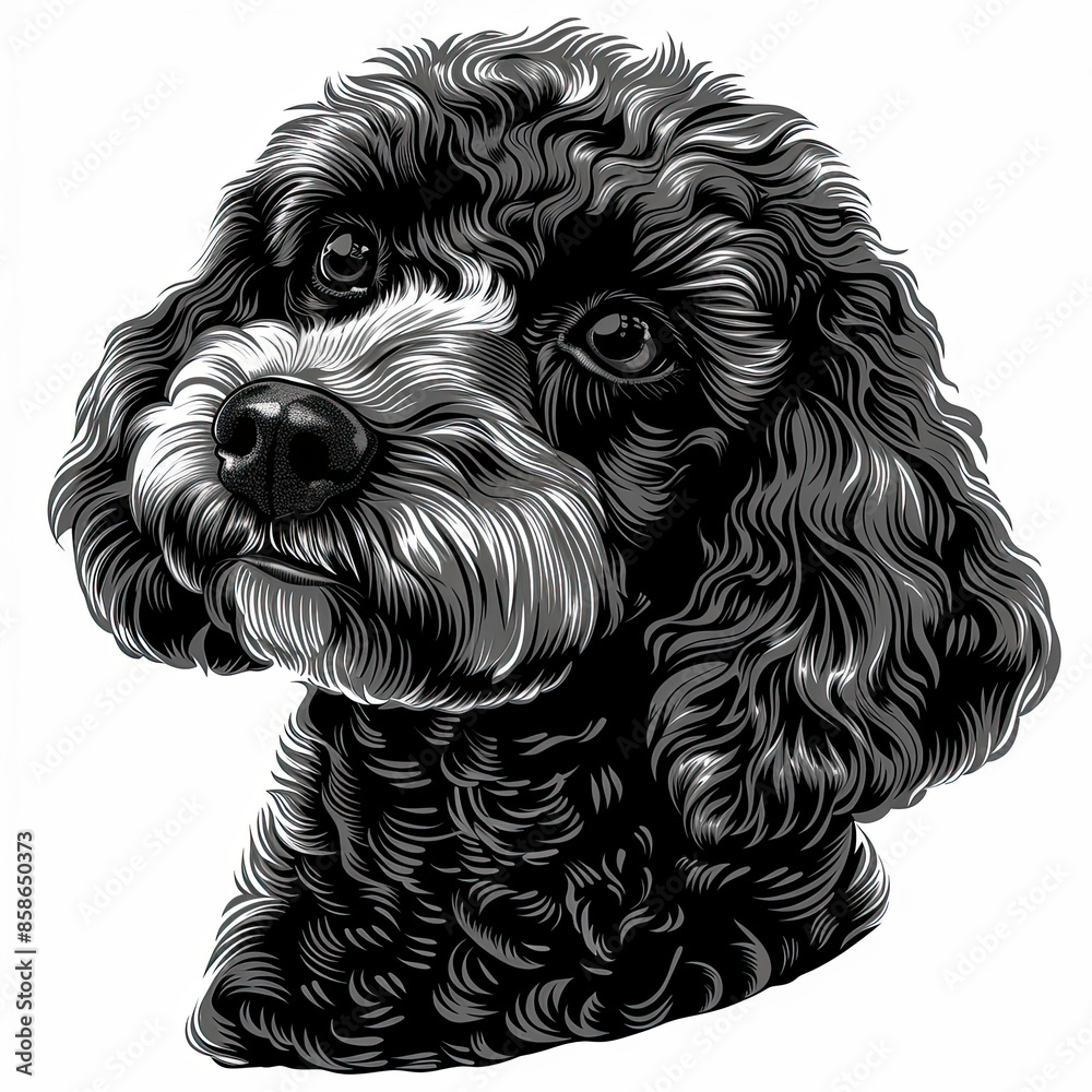 A black and white drawing of a poodle dog A black and white drawing of a poodle dog