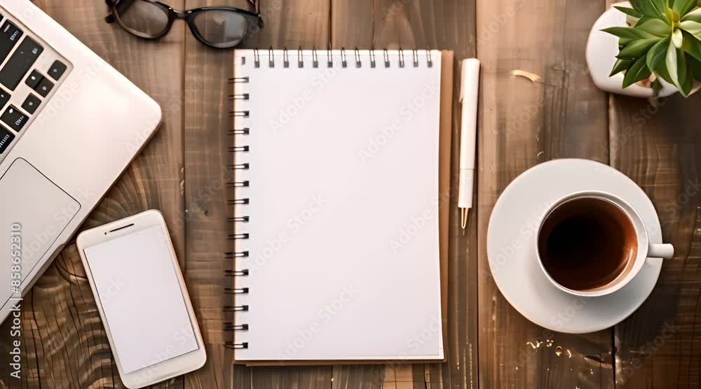 Office table with blank notebook and laptop / Coffee cup