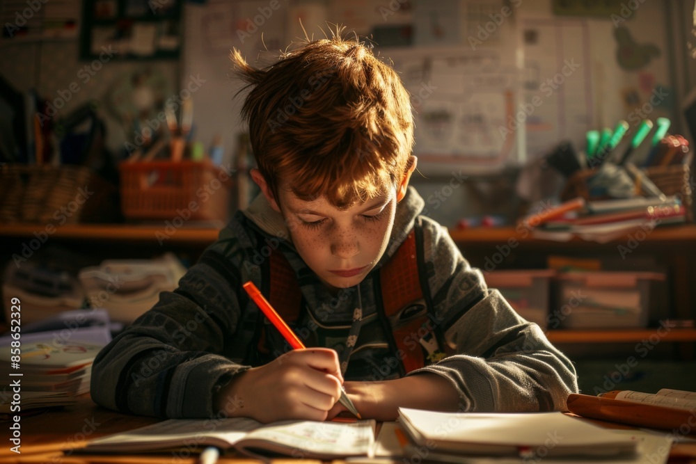 boy sitting at a desk, writing in a notebook, with school supplies scattered around and a focused expression boy sitting at a desk, writing in a notebook, with school supplies scattered around and a focused expression