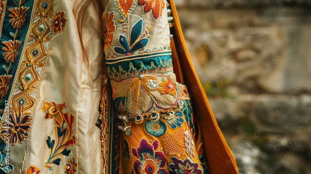 Naklejka premium Colorful embroidered dress close up ornate fashion clothing with intricate embroidery and detailed sleeves