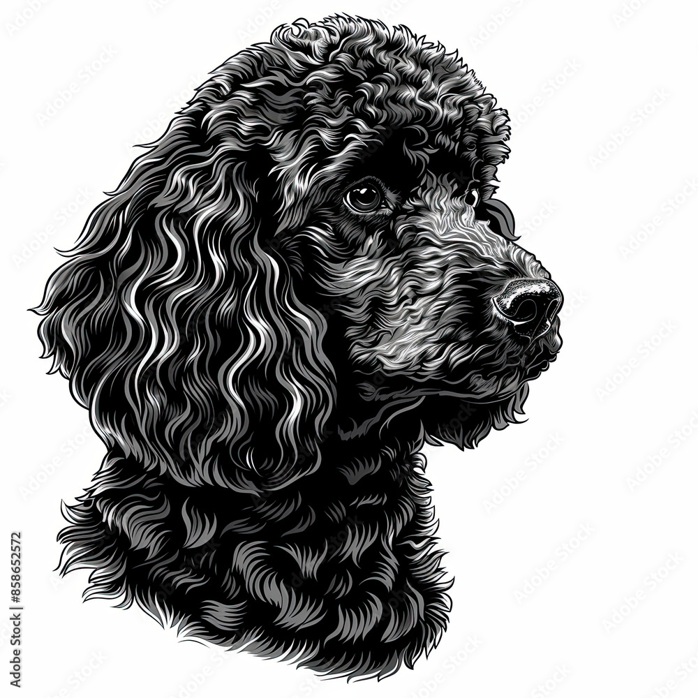 A black and white drawing of a poodle dog A black and white drawing of a poodle dog