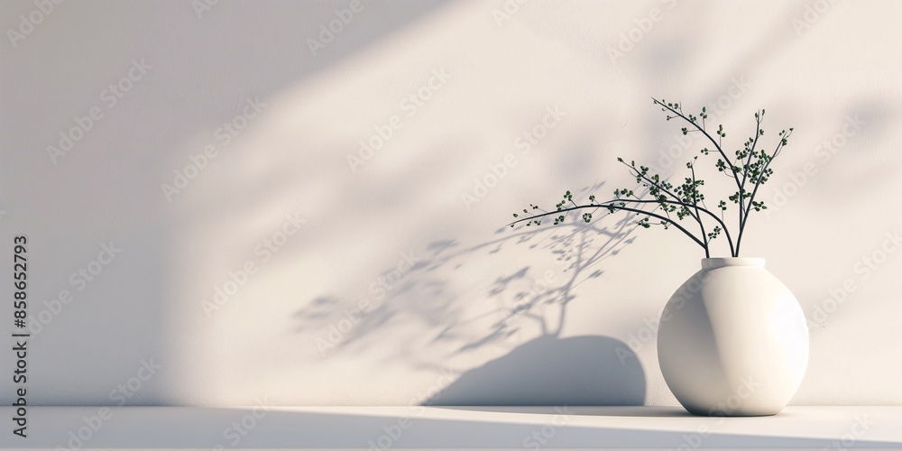 Minimalist white vase with delicate branches casting shadows on a light background, evoking a sense of calm and simplicity. Minimalist white vase with delicate branches casting shadows on a light background, evoking a sense of calm and simplicity.