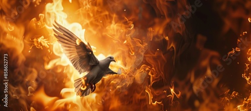Dove flying through flames photo