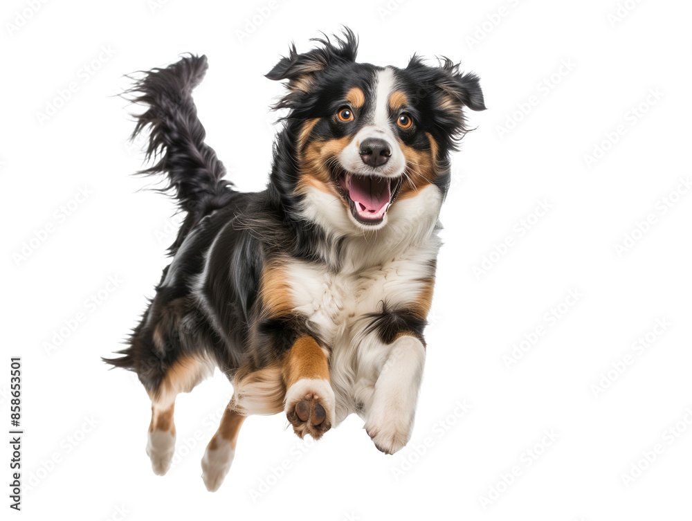 Full body shot of Australian Shepherd dog, running happily, smiling. Full body shot of Australian Shepherd dog, running happily, smiling.