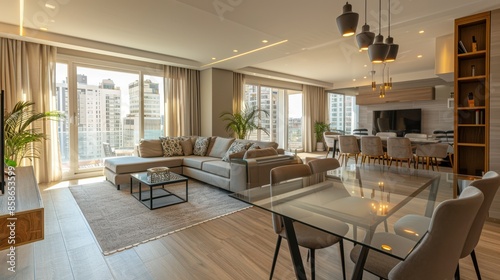 A large, open living room with a glass table and chairs