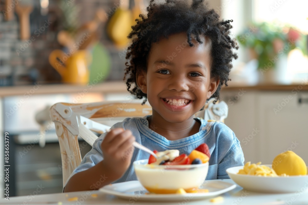 child having breakfast eating yogurt with fresh fruit, sitting at the kitchen table child having breakfast eating yogurt with fresh fruit, sitting at the kitchen table