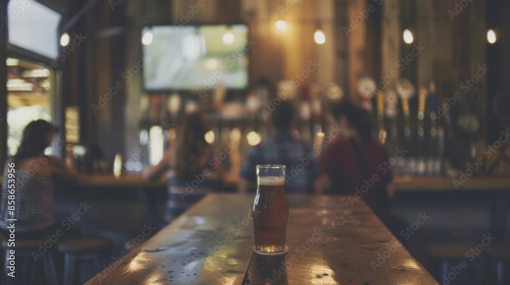 Softly blurred image of a group admiring the rustic decor of the brewerys tasting room.