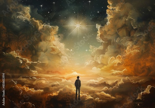 Man Standing on Clouds Looking at a Bright Star © rezor