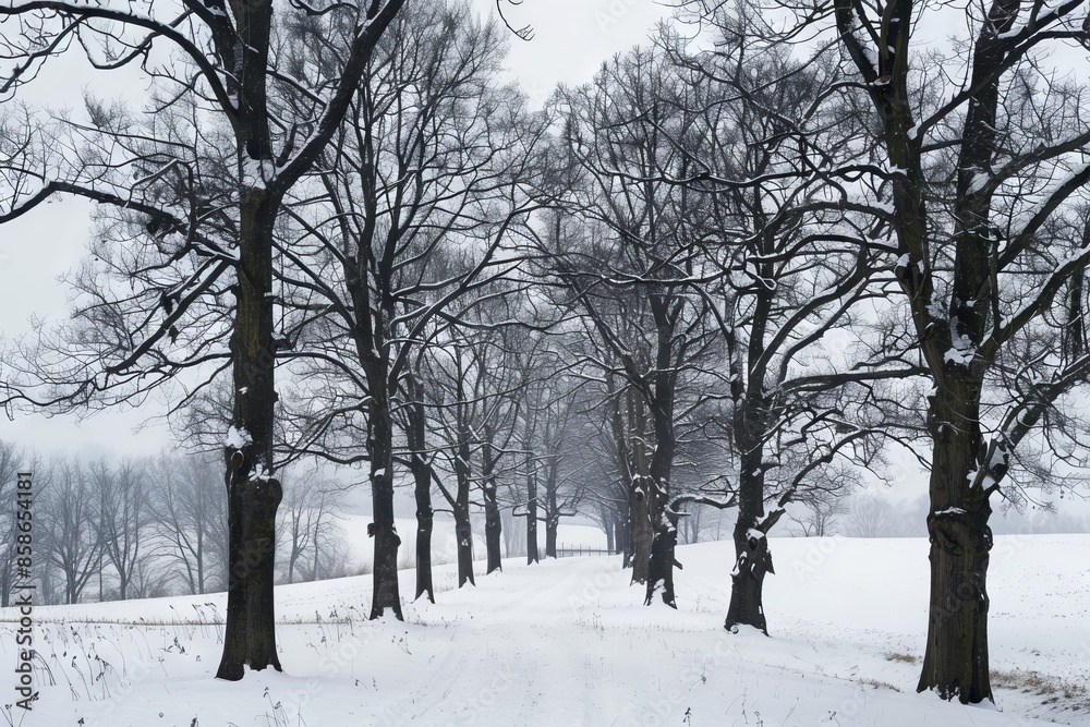 Winter landscape featuring a snow-covered park with bare trees, offering a tranquil and serene white winter scene.
Winter landscape featuring a snow-covered park with bare trees, offering a tranquil and serene white winter scene.