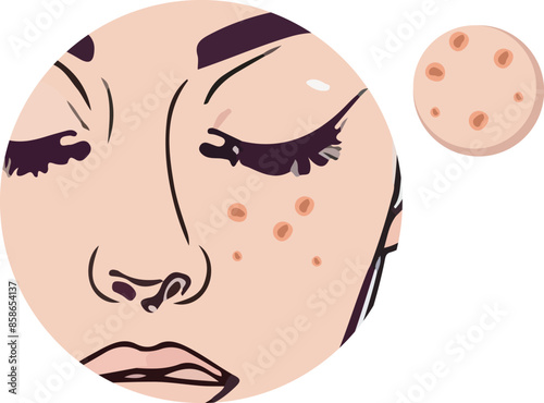young girl face with problem skin, acne and blackheads. info graphic vector for skin health and beauty