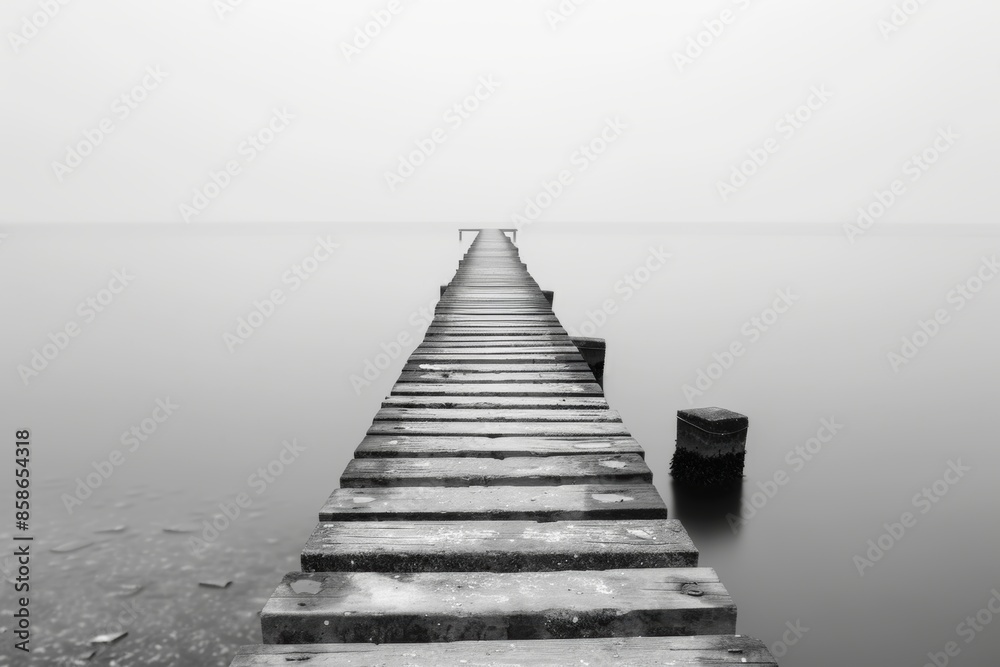 Fototapeta premium Monochrome image of a wooden jetty extending into fog, evoking mystery and solitude, ideal for themes of exploration and reflection.