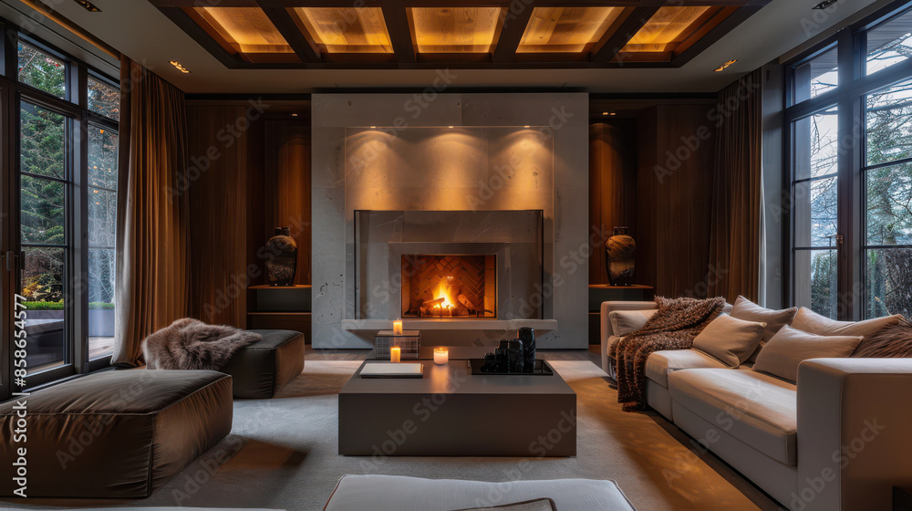 Fototapeta premium A living room with a fireplace and a couch