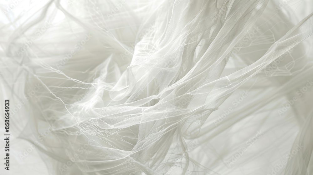 Strands of fabric intertwined and suspended in midair resembling a tangled yet beautiful web.