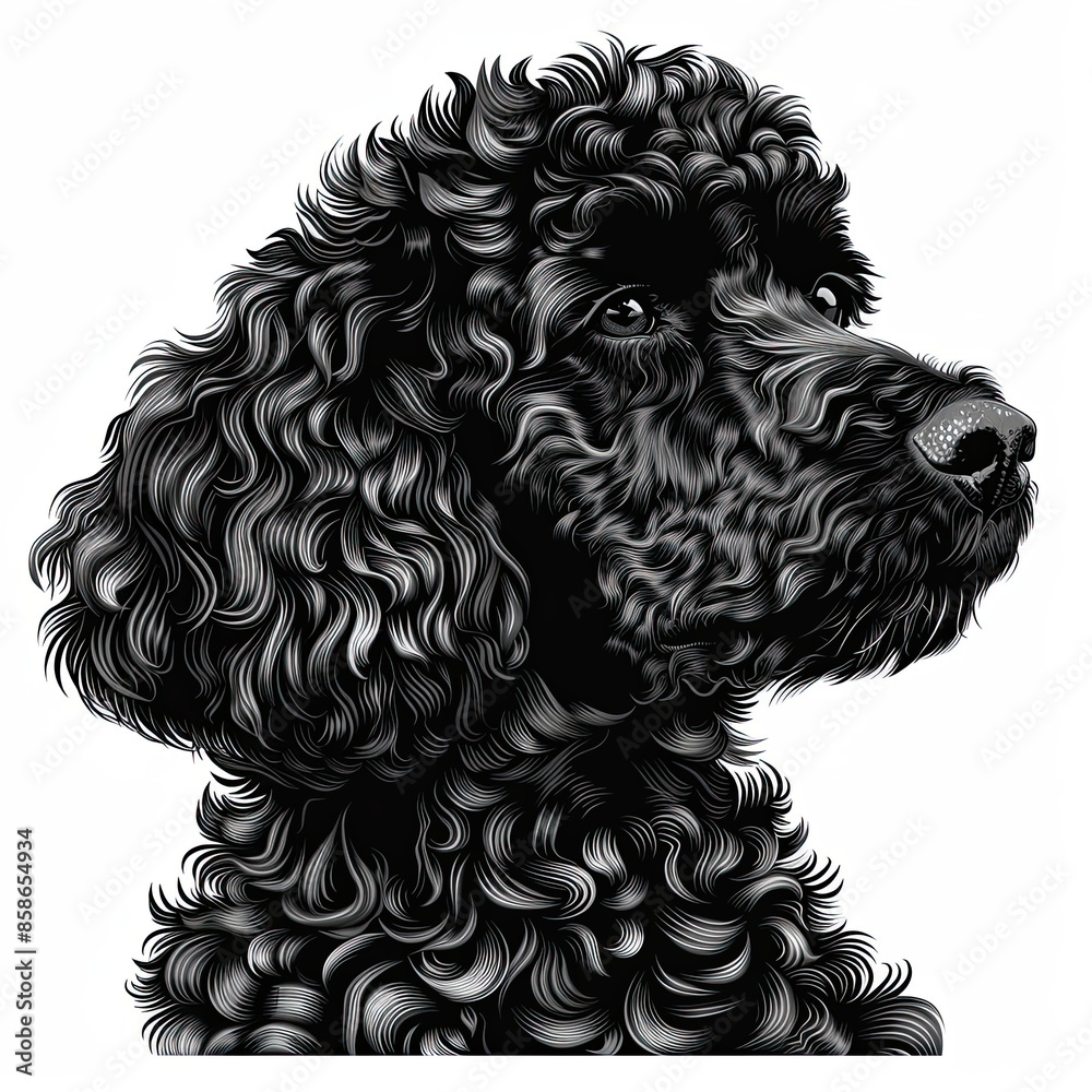 A black and white drawing of a poodle dog A black and white drawing of a poodle dog