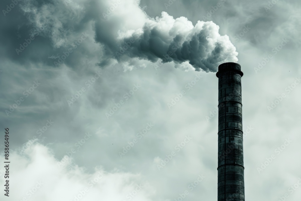 Stark image of a factory chimney emitting smoke against a cloudy sky, a powerful symbol of industrial impact on the environment.
Stark image of a factory chimney emitting smoke against a cloudy sky, a powerful symbol of industrial impact on the environment.