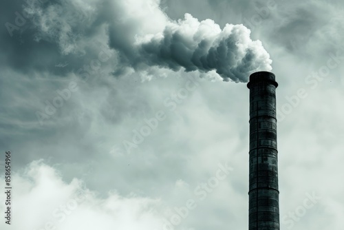 Stark image of a factory chimney emitting smoke against a cloudy sky, a powerful symbol of industrial impact on the environment. 