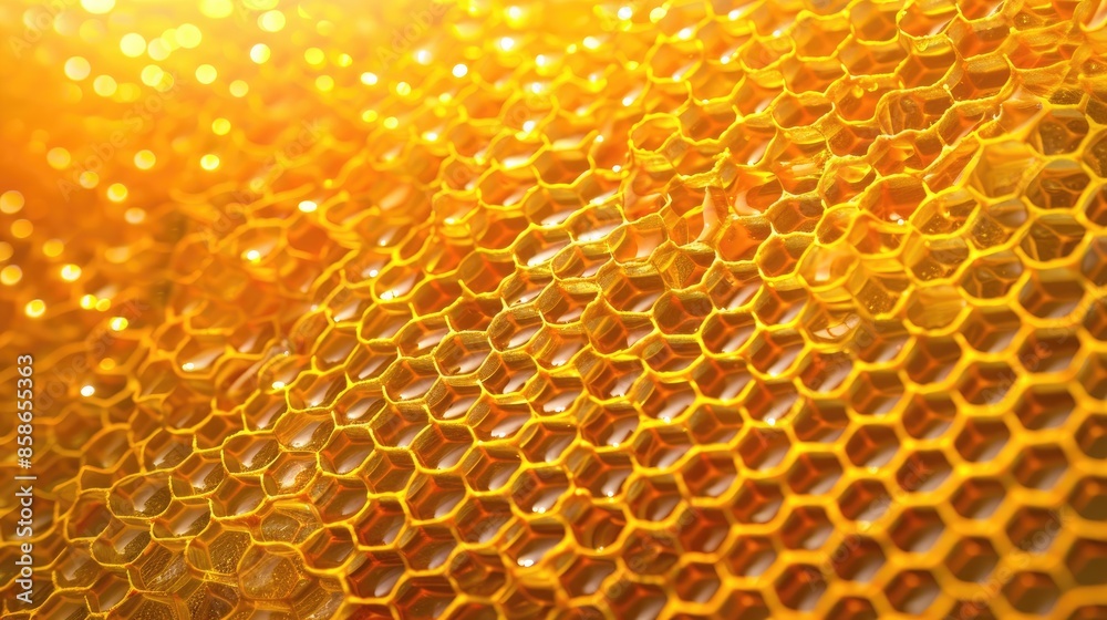 Close up of honeycomb with golden honey creating textured background pattern Close up of honeycomb with golden honey creating textured background pattern