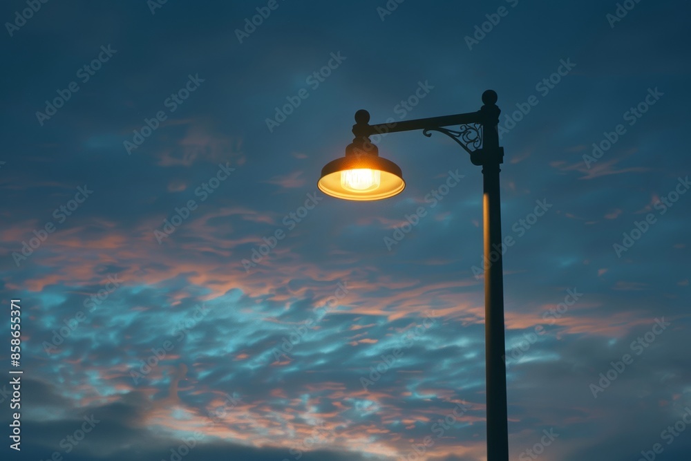 A solitary street lamp lights up at dusk, casting a warm glow against a twilight sky, creating a moody and atmospheric scene.

