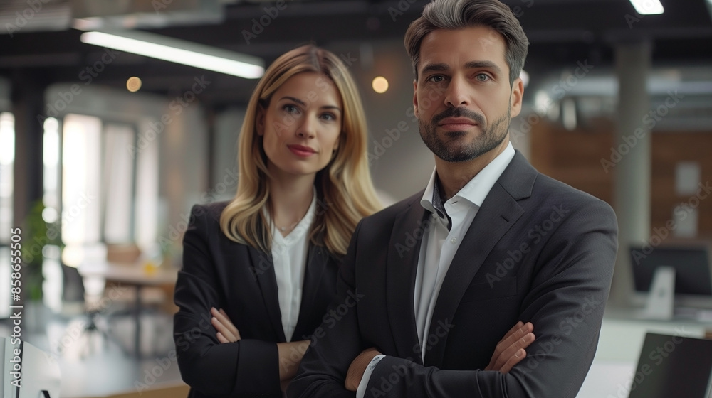 A man and woman are posing for a picture in modern offfice. A man and woman are posing for a picture in modern offfice.