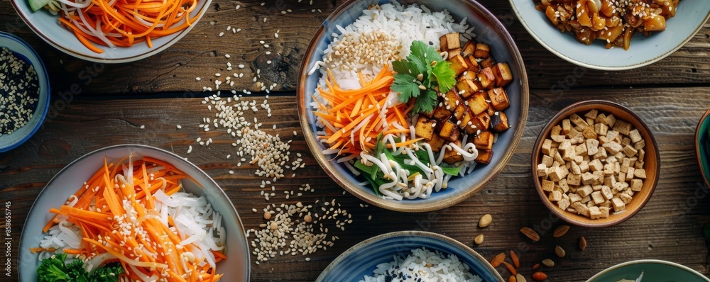 Colorful vegan buddha bowls with rice, tofu, and vegetables on wooden table. Healthy eating and plant-based diet concept Colorful vegan buddha bowls with rice, tofu, and vegetables on wooden table. Healthy eating and plant-based diet concept