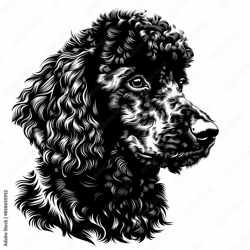 A black and white drawing of a poodle dog A black and white drawing of a poodle dog