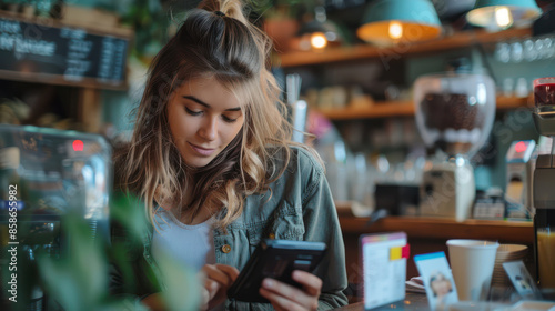 Wallpaper Mural A woman is sitting at a table in a cafe, looking at her cell phone Torontodigital.ca