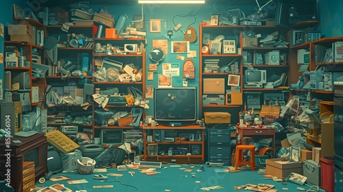 Vibrant pop art illustration of a hoarder amid heaps of clutter in a chaotic room.