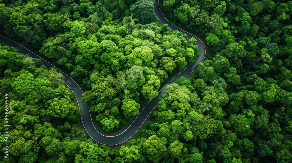 A winding road through a lush forest A winding road through a lush forest