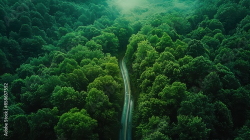 A road runs through a lush green forest