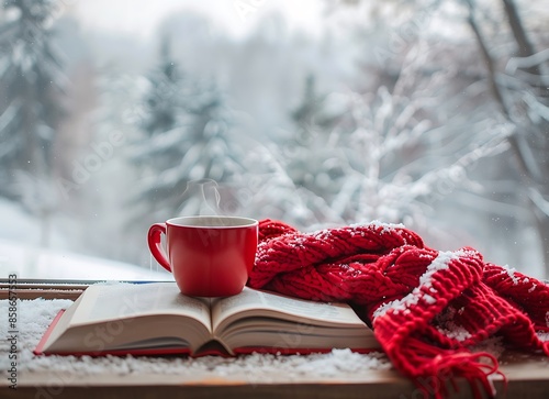 An open book with red scarf and mug of hot coffee on the windowsill, winter landscape outside window, soft light, minimalistic, simple, high resolution,