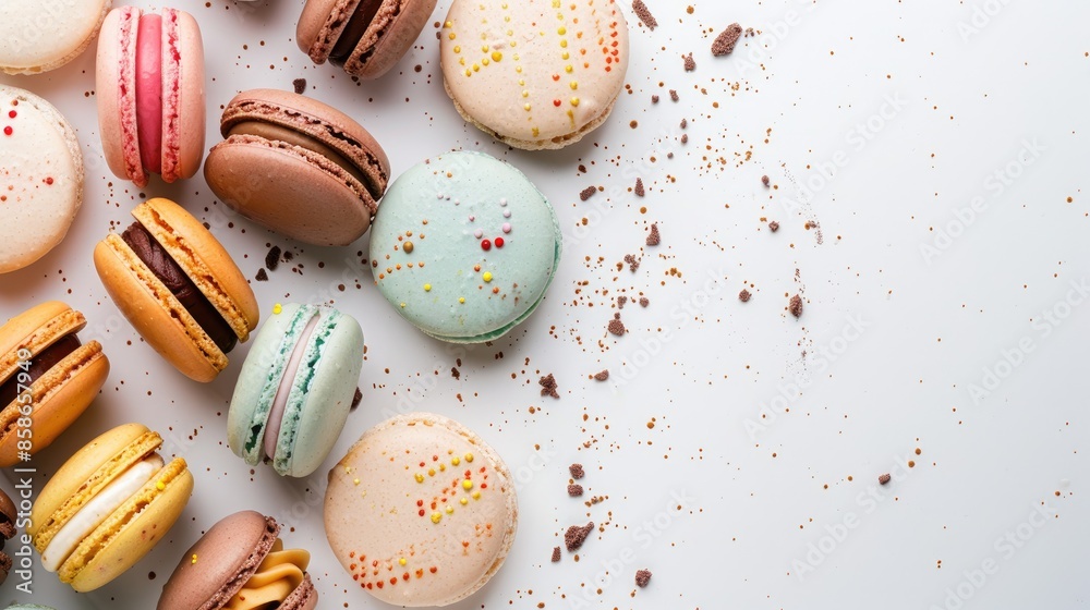 Assorted French macarons on white background in close up with crumbs around sweet treats flat lay with room for text overhead view Assorted French macarons on white background in close up with crumbs around sweet treats flat lay with room for text overhead view