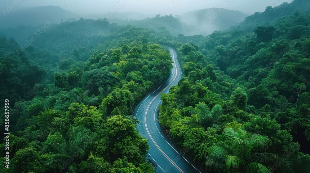 Fototapeta premium A winding road through a lush green forest