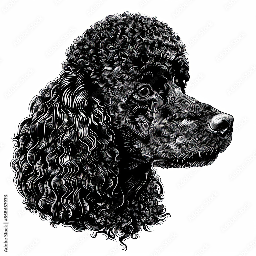 A black and white drawing of a poodle dog A black and white drawing of a poodle dog