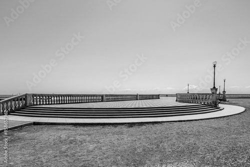 The Mascani Terrase by the Mediteranean sea in Livorno, Tuscany, Italy in black and white photo