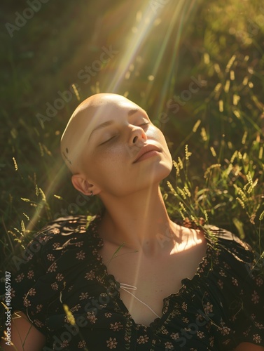 A woman who is a cancer survivor, sunbathing in a relaxed pose, with the rays of the sun shining