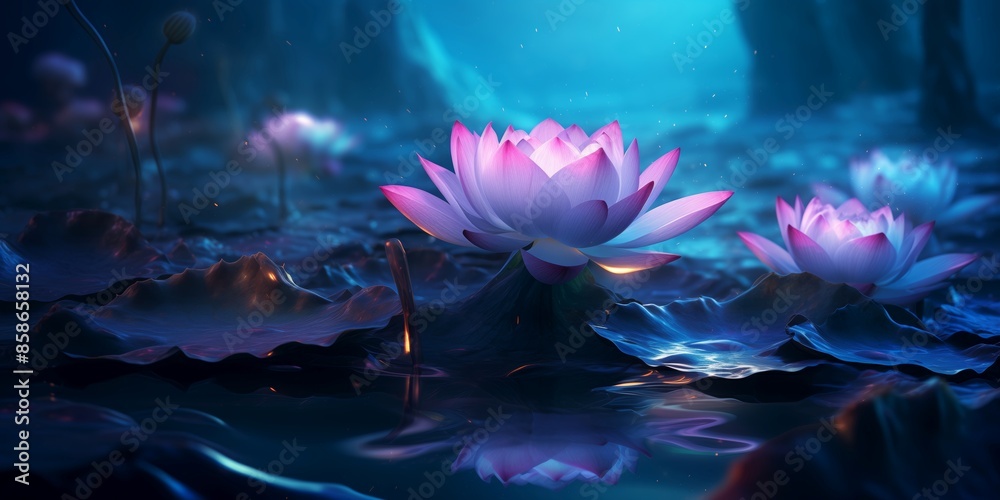 Naklejka premium Magic lotuses bloom in the mystical lake at night