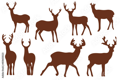 silhouette of a crowd of deer walking in a pine forest. a group of animals in the forest with a tree background. vector flat illustration