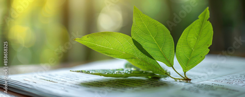 A Serene Close Up of Fresh Green Leaves Resting on an Open Book in a Peaceful Natural Setting Highlighting the Beauty of Nature and Literature, Perfect for Mindfulness and Organic Lifestyle Imagery photo