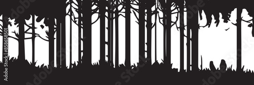 Dark silhouettes of old tall trees in the morning pass by quickly as seen from driving a car. silhouette forest
