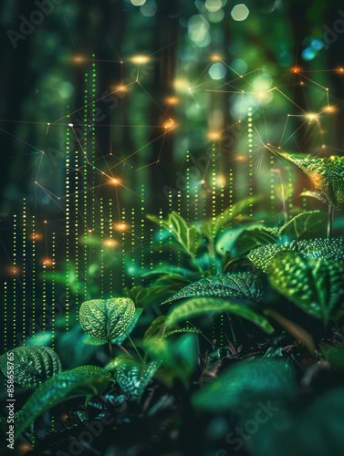 Enchanting Forestscape Illuminated Leaves with Glowing Digital Data Visualization Blending Nature and Technology in a Dreamlike Landscape Photography photo