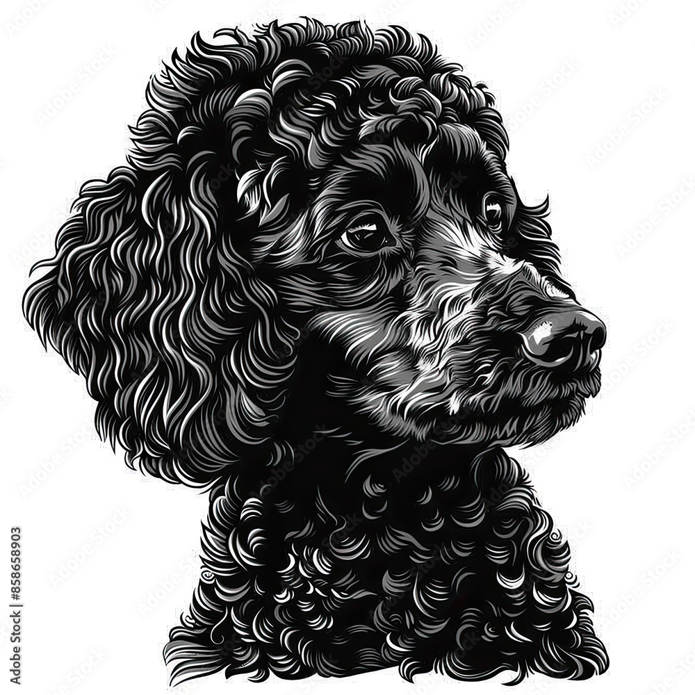 A black and white drawing of a poodle dog