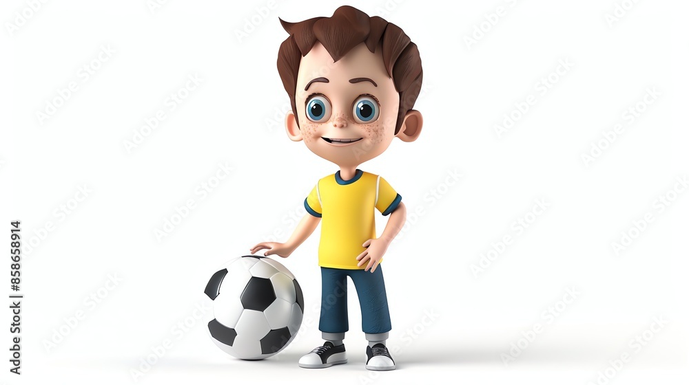 A 3D cartoon boy is standing next to a soccer ball. A 3D cartoon boy is standing next to a soccer ball.