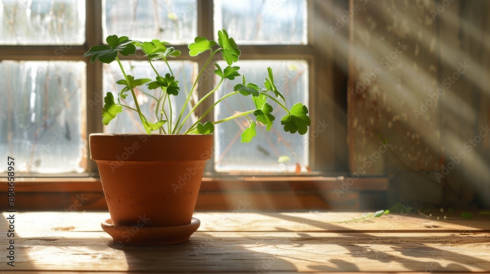 Potted plant on a sunlit windowsill Potted plant on a sunlit windowsill