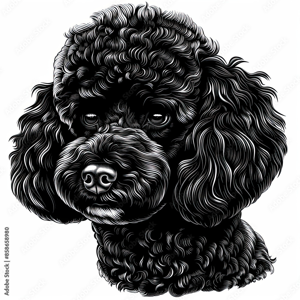 A black and white drawing of a poodle dog A black and white drawing of a poodle dog