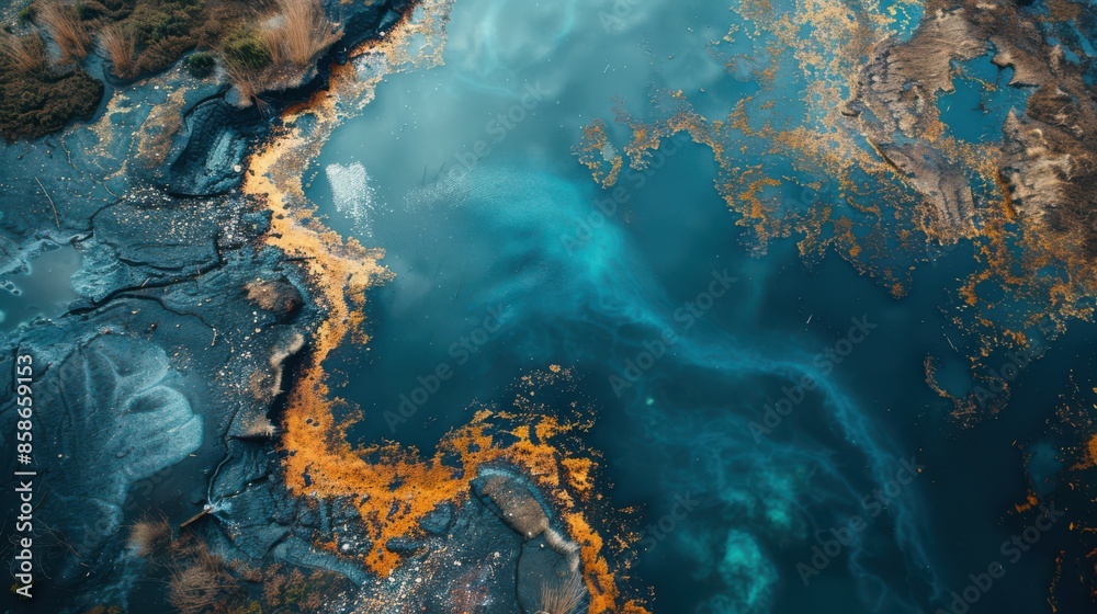 A blue ocean with a yellowish brown substance floating on top A blue ocean with a yellowish brown substance floating on top