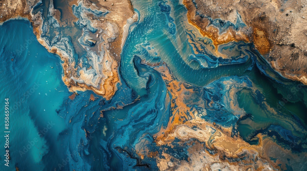 A painting of a body of water with blue and orange swirls A painting of a body of water with blue and orange swirls