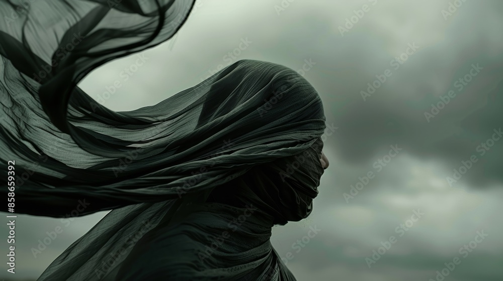 Long strands of hair peeking out from under a swirling hijab as if dancing with the wind. Long strands of hair peeking out from under a swirling hijab as if dancing with the wind.