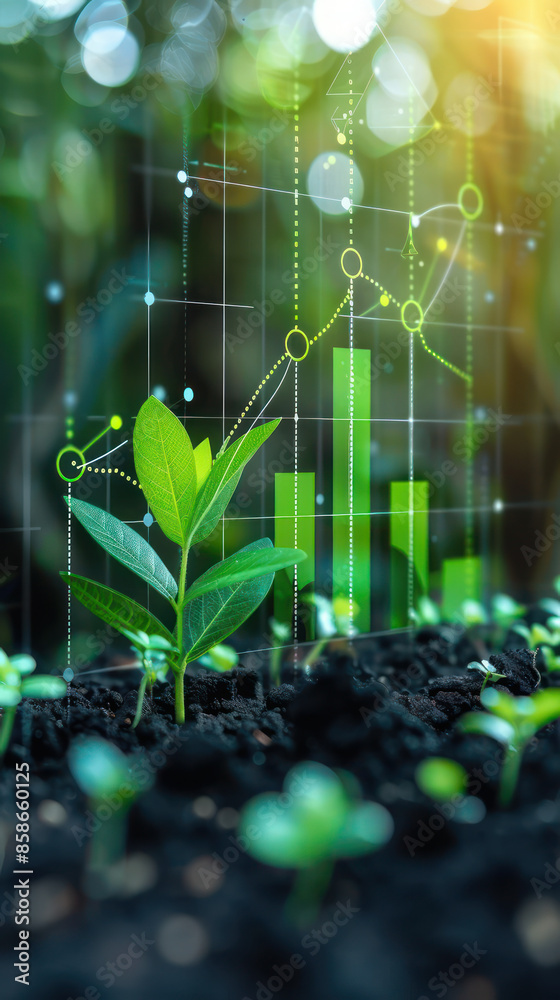 Sustainability Growth Green Plant Sprouting in Soil with Data Visualization of Economic Growth Metrics, Representing Eco Friendly Development, Business Analytics, and Environmental Progress